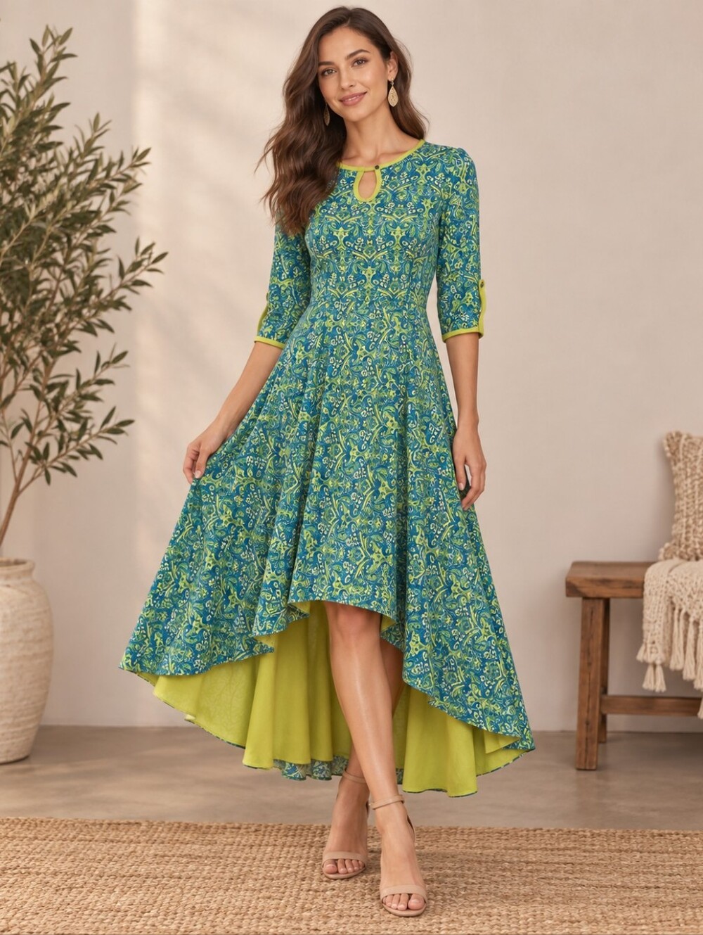 Luomeindisha Paisley Maxi Dress with High-Low Hem and Lime Accents
